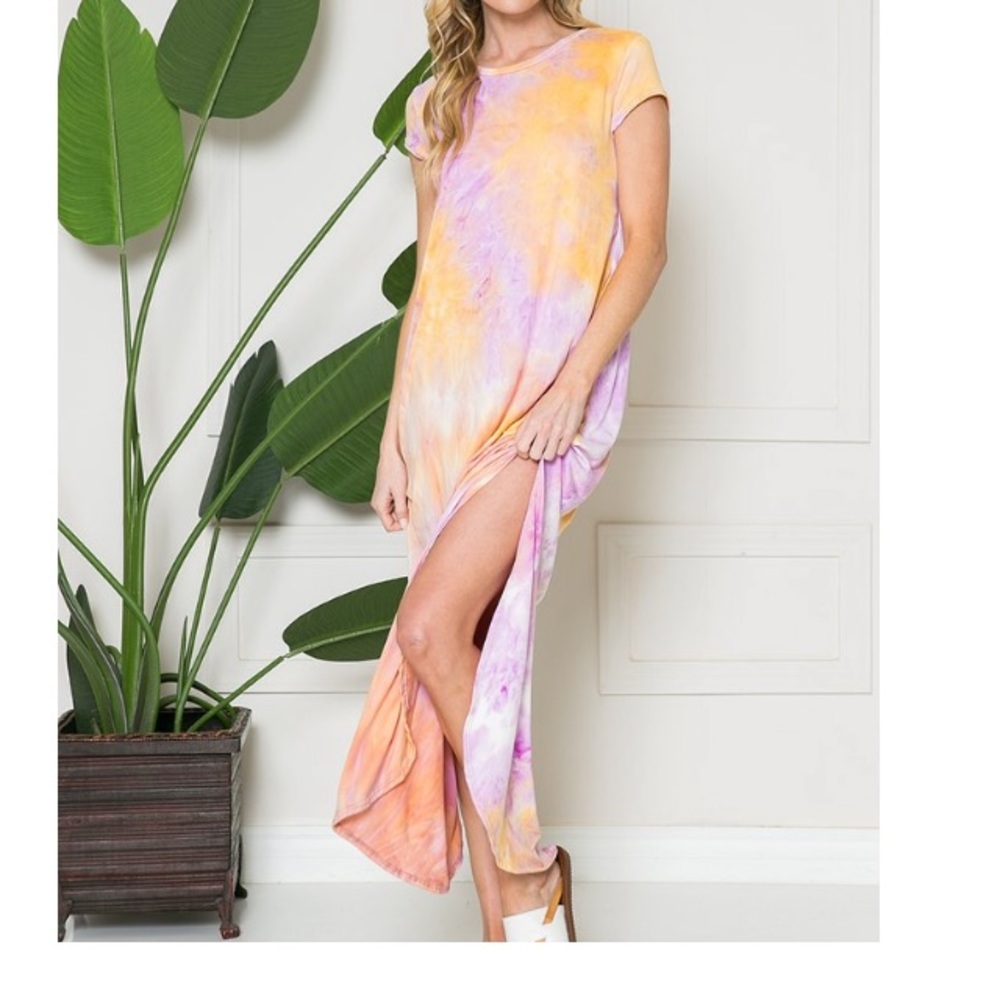 Acting pro Lilac and Orange Tie-Dye Leg slit short-Sleeve Maxi Dress